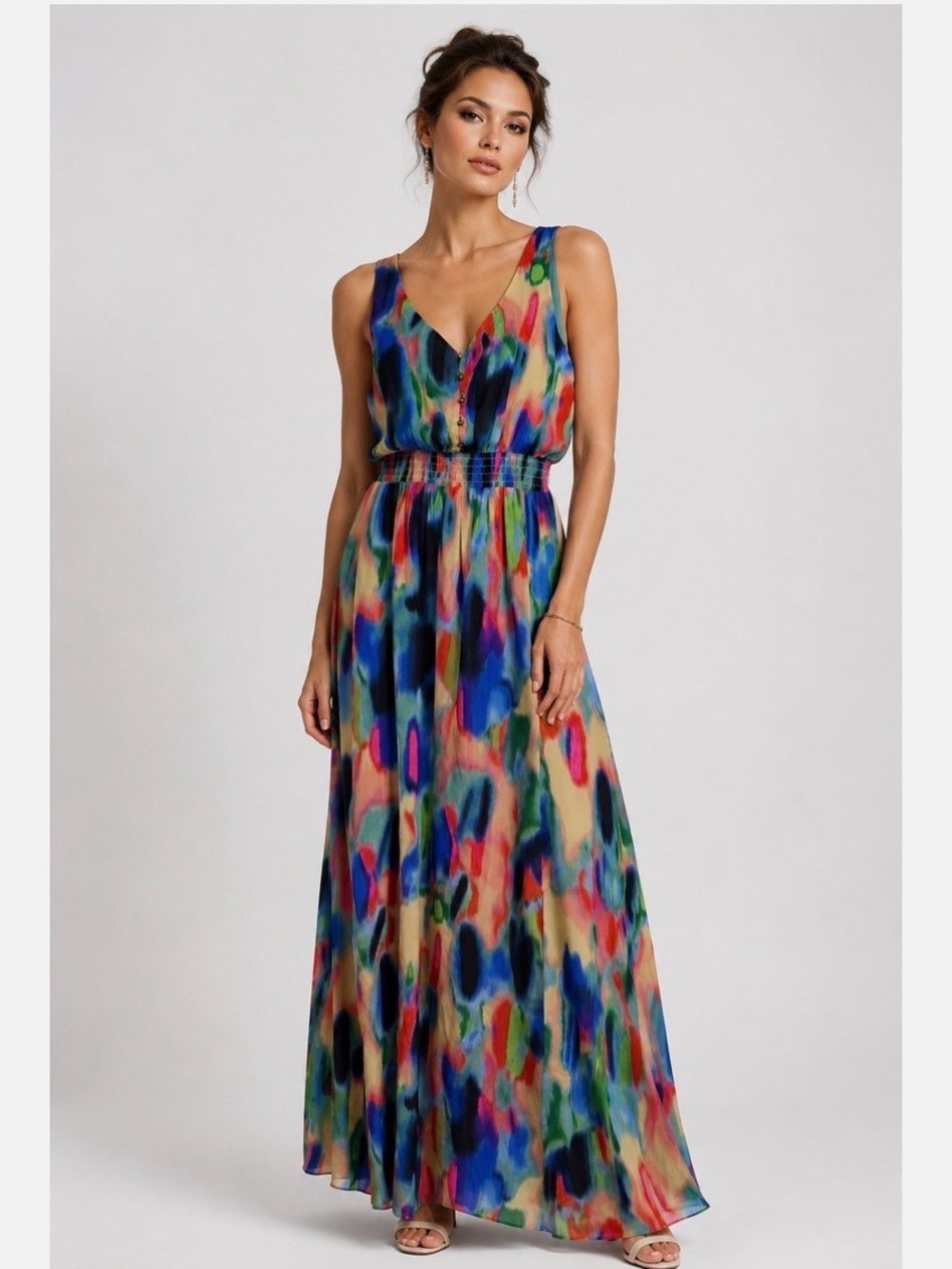 Maeve watercolor maxi Alicia silk dress Anthropologie maxi front slits sz 00p